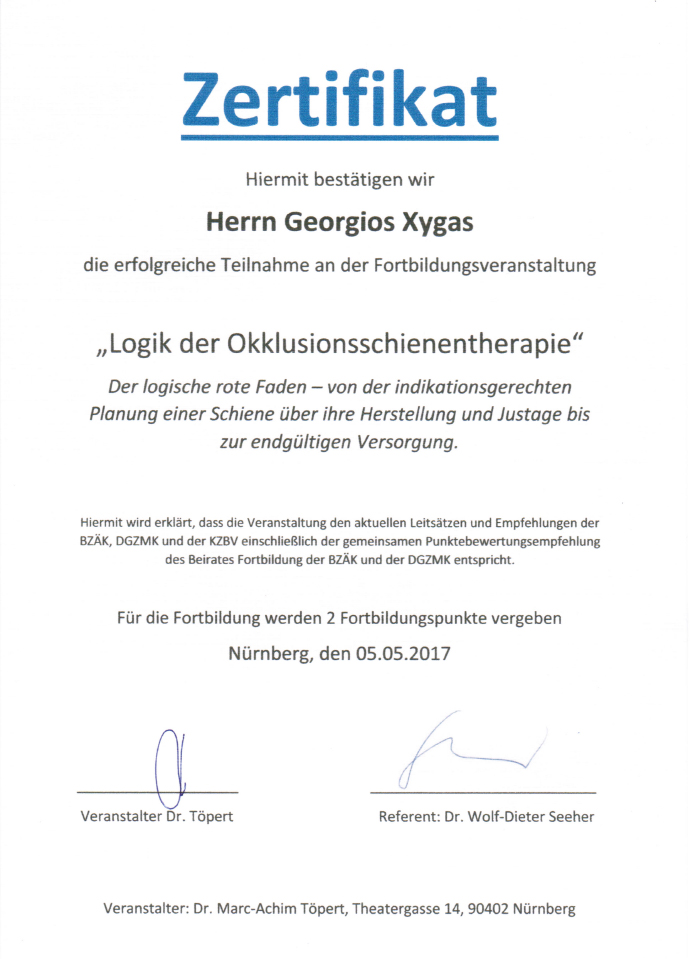 Zertifikat Logik der Okklusionsschienentherapiet